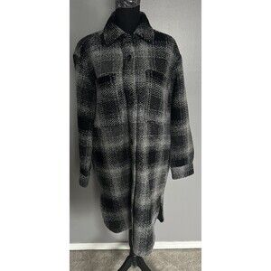 Gap Grey Black Plaid Womens Shacket Wool Blend Long Shirt Jacket Size Medium NEW